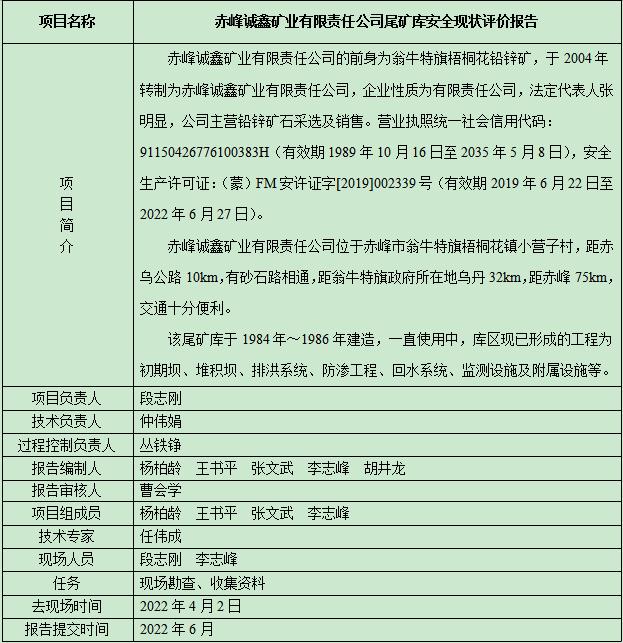 赤峰誠鑫礦業(yè)有限責(zé)任公司尾礦庫安全現(xiàn)狀評價報告