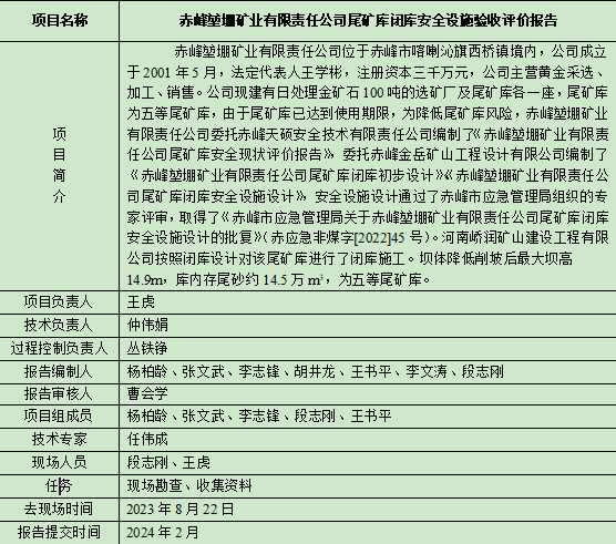 赤峰堃堋礦業(yè)有限責(zé)任公司尾礦庫閉庫安全設(shè)施驗收評價報告